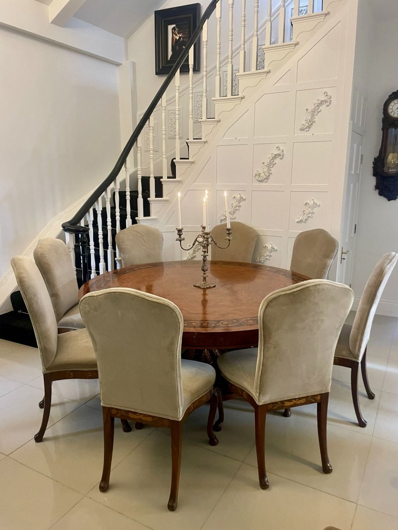 Set of 8 Antique Quality Burr Walnut Inlaid Marquetry Dining Chairs - Image 4